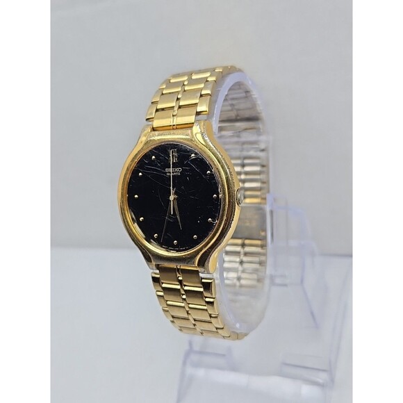 Seiko Quartz V701 6K09 Gold Tone Black Dial Mens Dress Watch New Battery Vintage - Picture 2 of 16